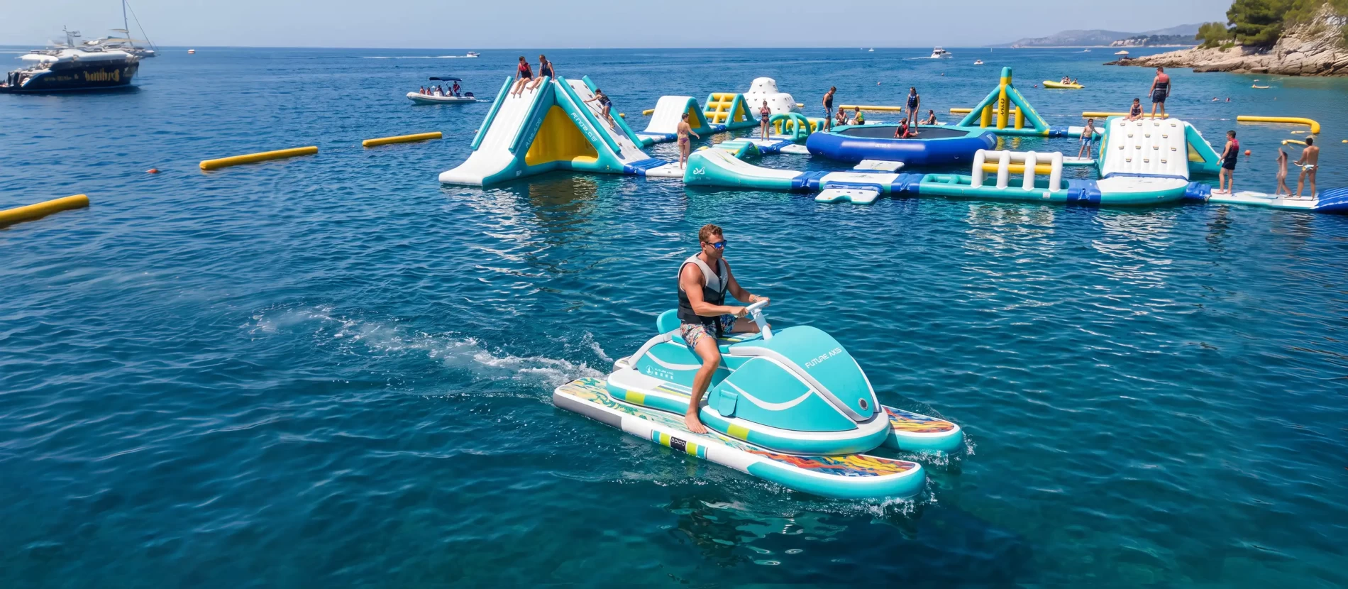 Mann auf einem aufblasbaren Jetski auf klarem, blauem Meer; im Hintergrund ein schwimmender, aufblasbarer Wasserpark – sommerliche Wasserspielgeräte